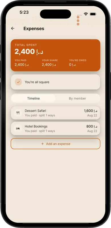 Planout expenses screen showing the total and who owes what