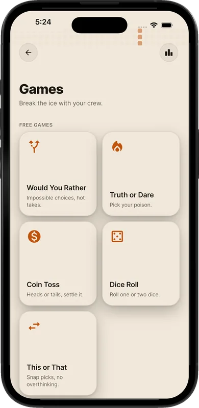 Planout games screen listing the party games, each with a one-line description