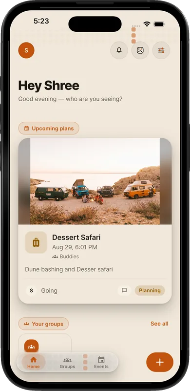 Planout home screen showing upcoming plans and your groups