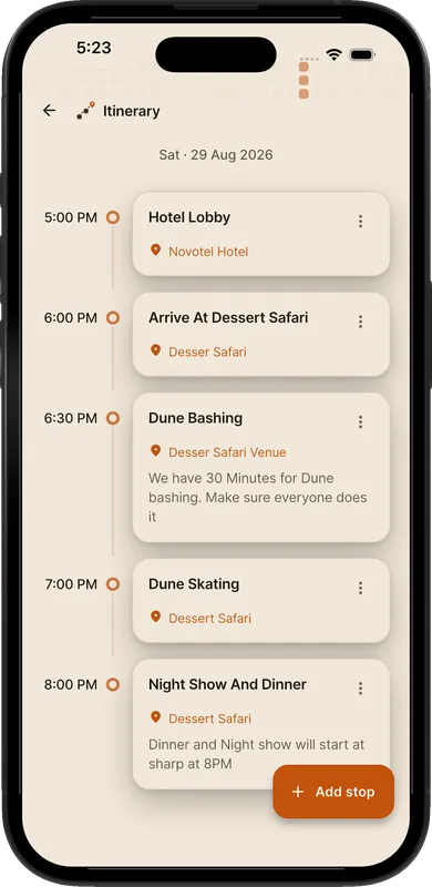 Planout itinerary screen with stops, times and travel between them