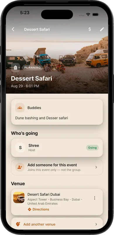 Planout venue screen with a suggested place and a Set as venue button